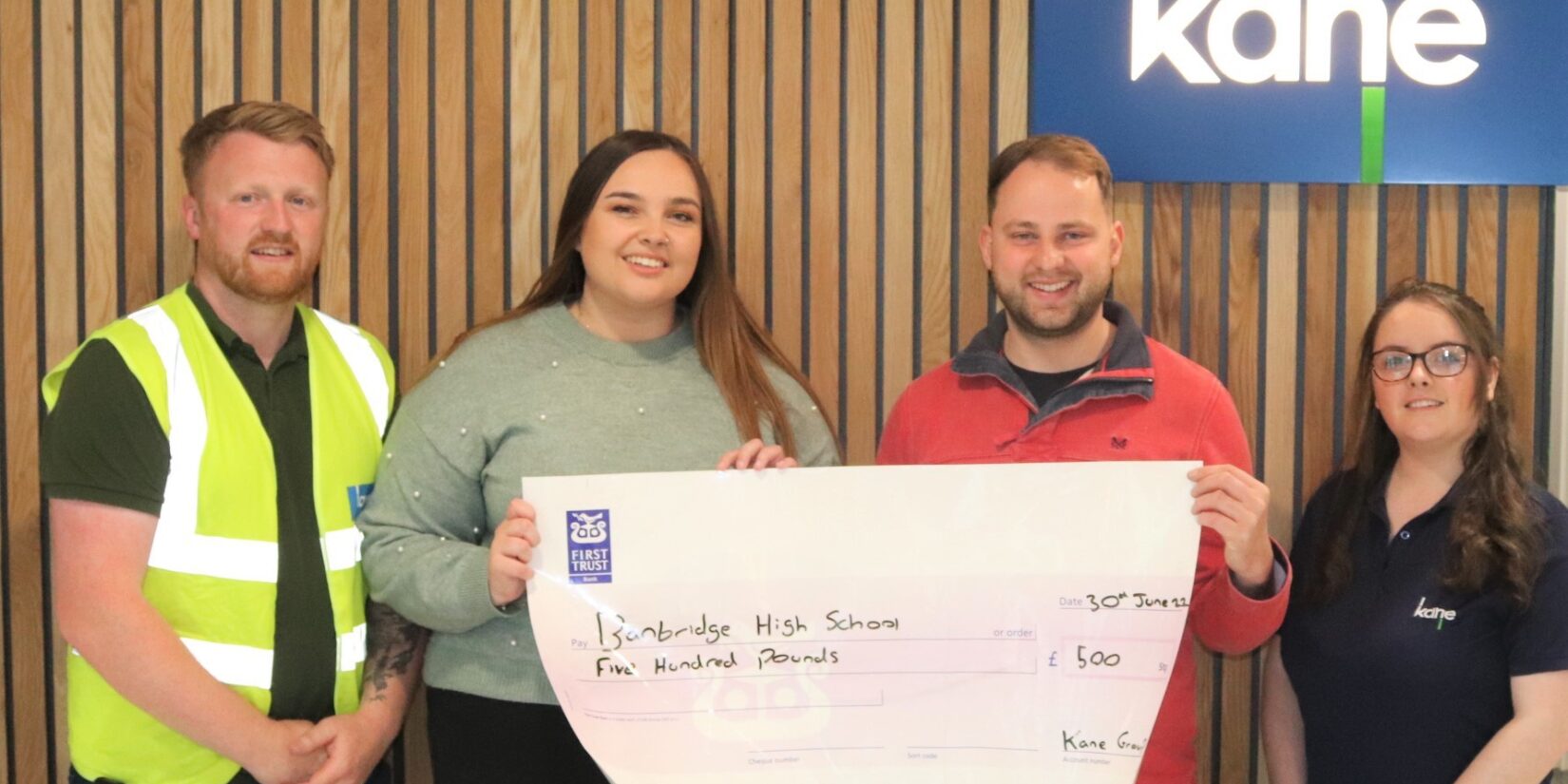 Pictured L-R: Tony McCrory (Kane Group), Kerri Smyth (Kane Group), Lloyd Gillespie (Banbridge High School) and Kirsty Heaney (Kane Group)